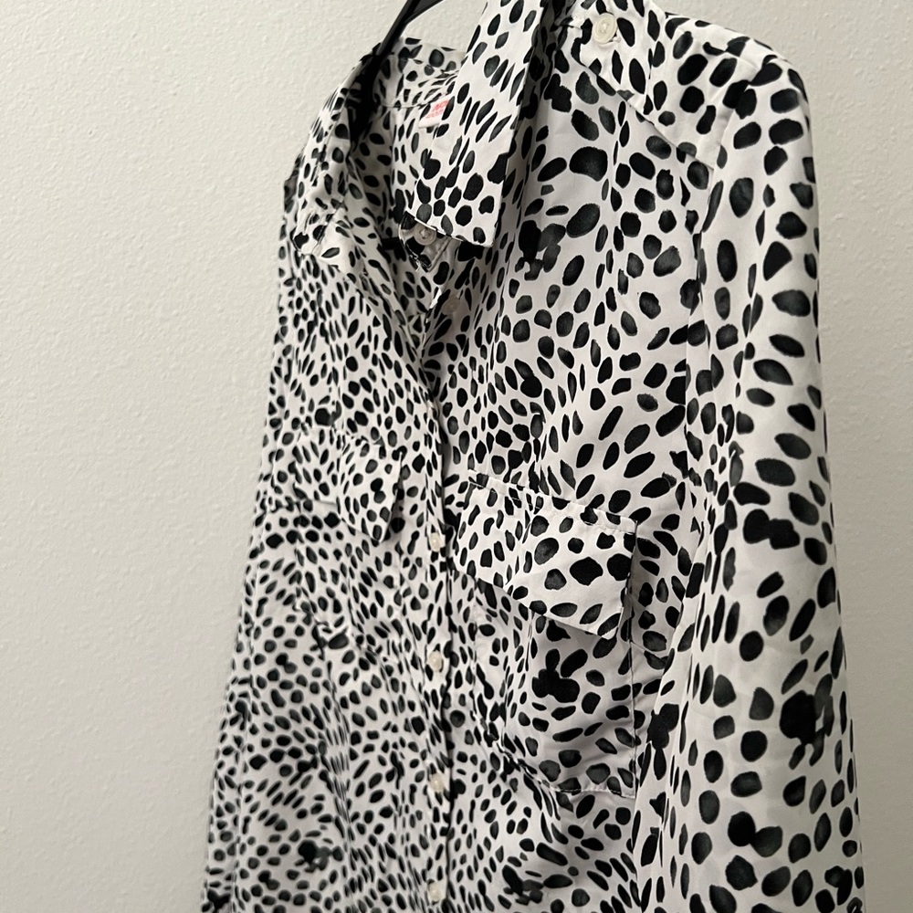 White & Black Polka Dot Silk Button Down Shirt with Flap Pockets in size S